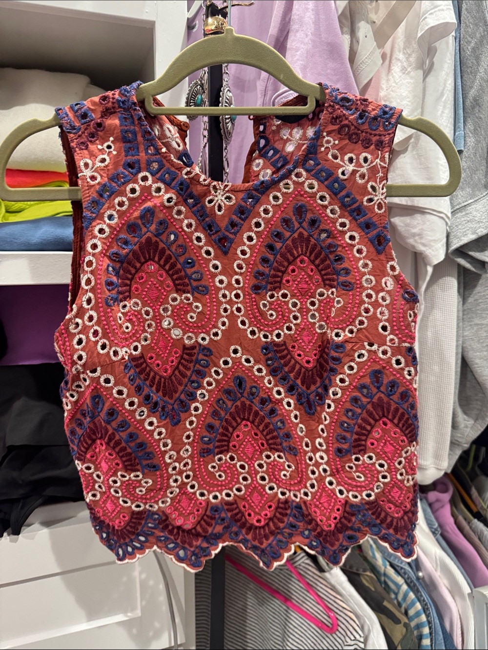 Zara Embroidered Sleeveless Tank in Rust, Pink & Navy